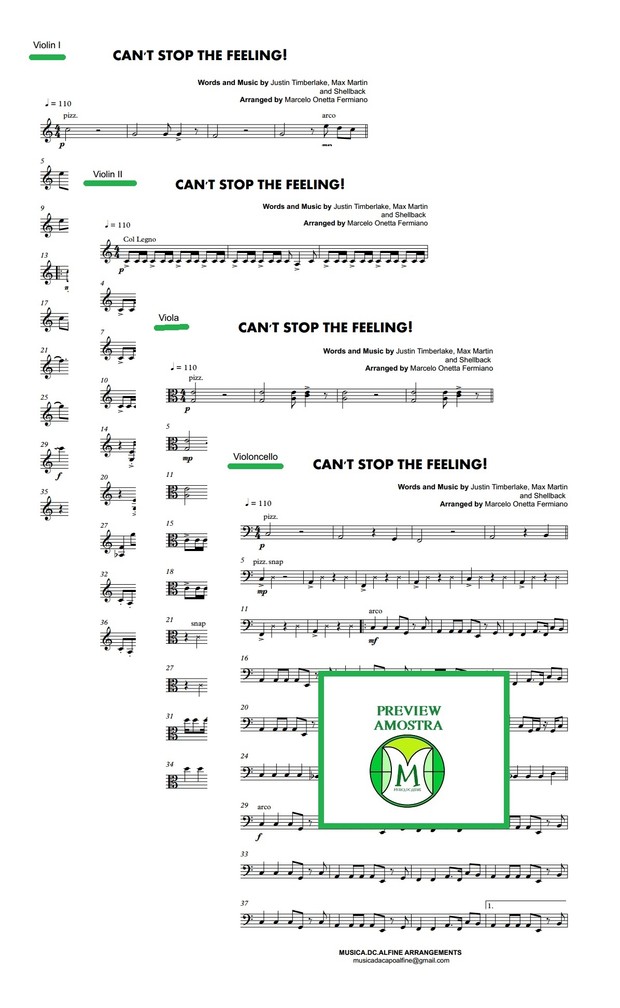 Can't Stop The Feeling - J. Timberlake - String Quartet - Score and parts