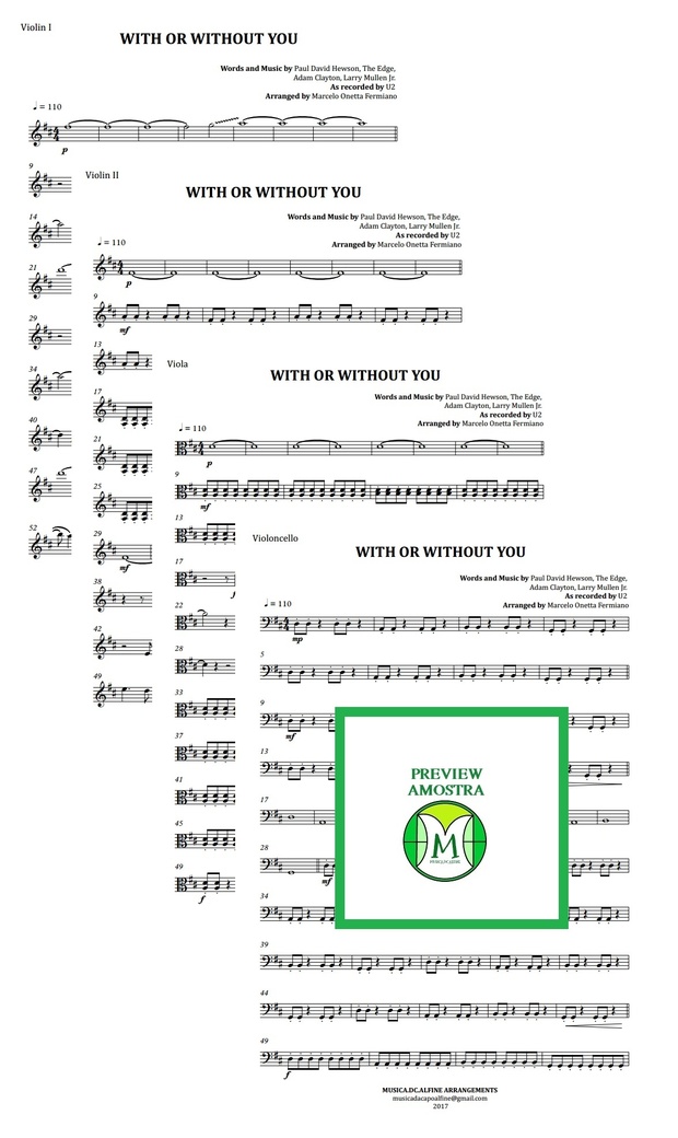 With or Withour You | U2 | Quarteto de Cordas | Partitura Completa Download