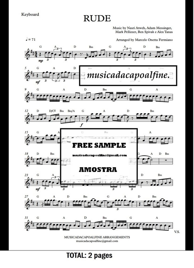 D Major - RUDE - MAGIC! - Keyboard - Sheet Music pdf Download