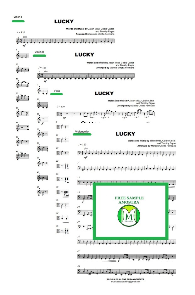 Lucky - Jason Mraz and C. Caillat - String Quartet - Score and parts - Sheet Musc