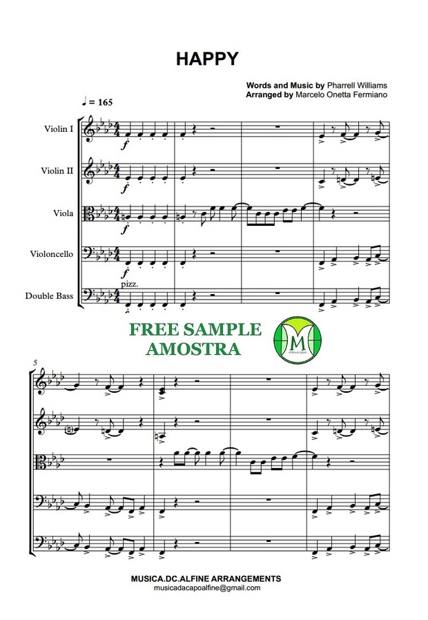 Happy - Pharrell Williams - String Orchestra/String Quintet - Full Score and parts