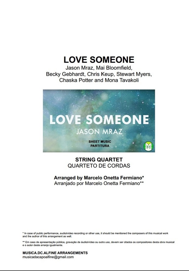Love Someone - Jason Mraz - String Quartet - Score and parts