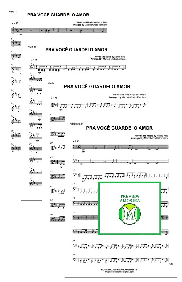 Pra Você Guardei o Amor - Nando Reis - Quarteto de Cordas - Partitura
