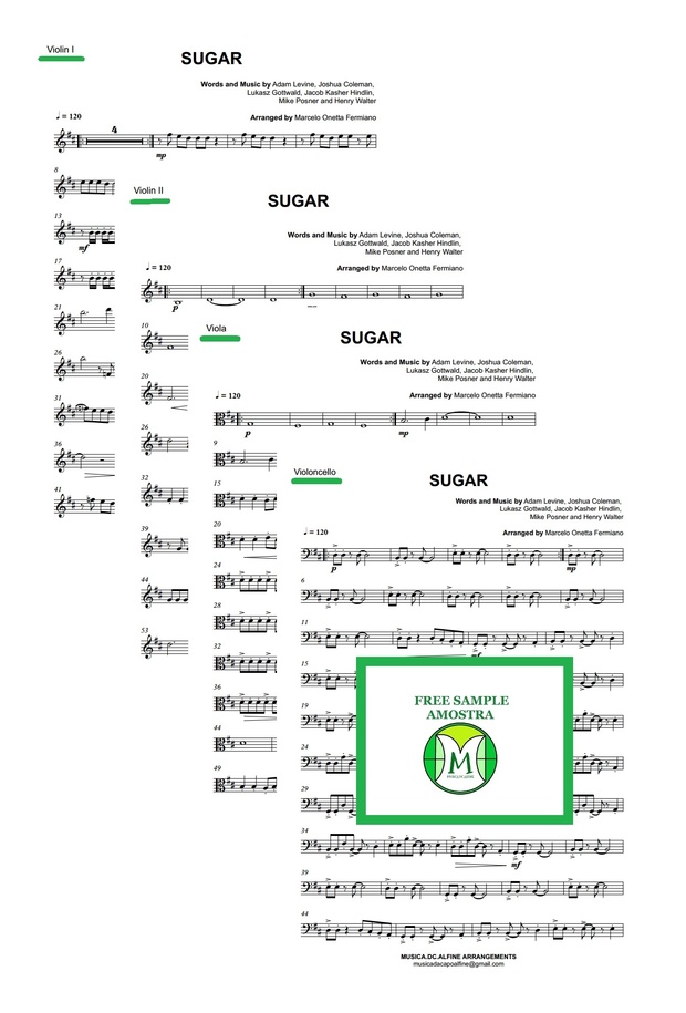 D (key) - Sugar - Maroon 5 - String Quartet Sheet Music - Score and parts