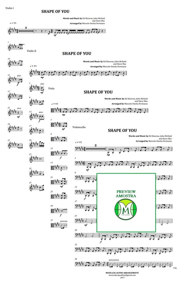 Shape Of You - Ed Sheeran - Quarteto de Cordas - Partitura Completa Grade e Partes