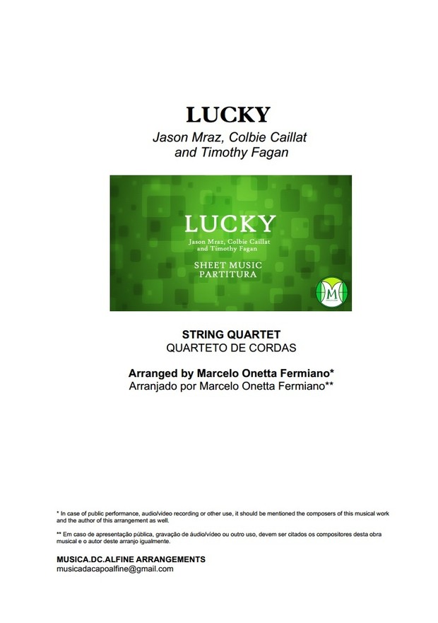 Lucky - Jason Mraz and C. Caillat - String Quartet - Score and parts - Sheet Musc