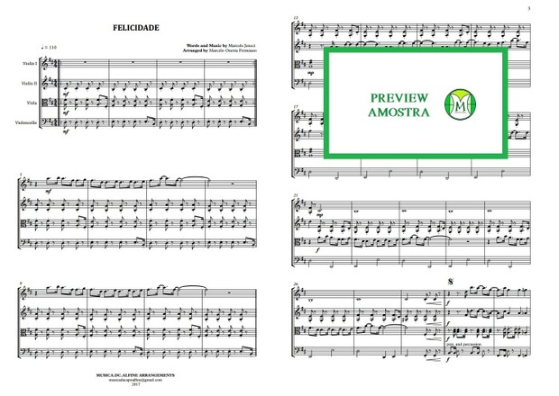 Felicidade - Marcelo Jeneci - Quarteto De Cordas - Partitura Completa - Grade e Partes