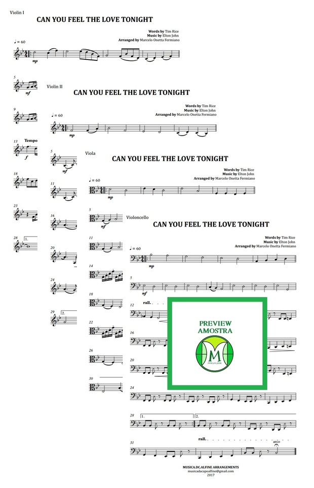 Can You Feel The Love Tonight - Elton John - Quarteto de Cordas - Partitura Completa Grade e Partes
