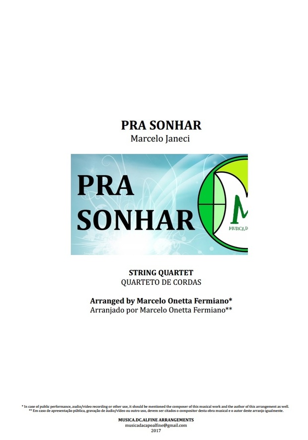 Pra Sonhar | Marcelo Jeneci | Quarteto de Cordas | Partitura Completa | Grade e Partes