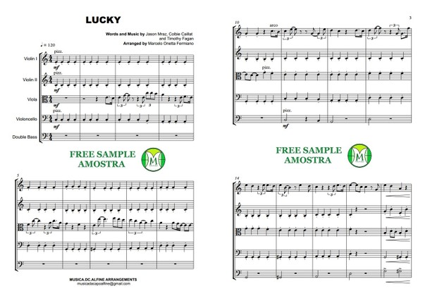 Lucky - Jason Mraz and C. Caillat - String Orchestra or String Quintet - Score and parts Sheet Music