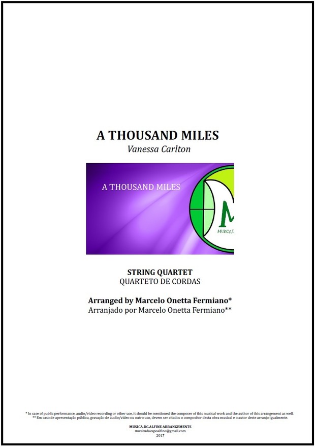 A Thousand Miles | Vanessa Carlton | Quarteto de Cordas | Partitura Completa Download