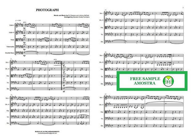 Photograph - Ed. Sheeran - String Orchestra or String Quintet - Score and parts