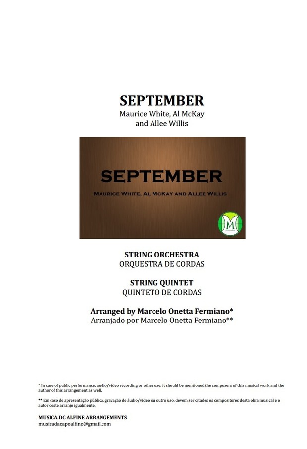 September - Earth, Wind & Fire- String Orchestra or String Quintet - Score and parts