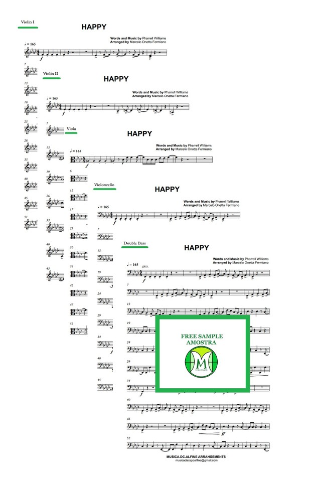 Happy - Pharrell Williams - String Orchestra/String Quintet - Full Score and parts