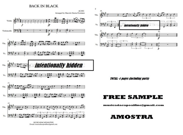 BACK IN BLACK - ACDC - Violino e Violoncello - Score and parts Sheet Music Download