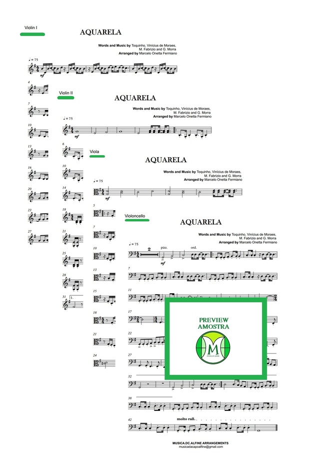 Aquarela - Toquinho - Quarteto de Cordas - Partitura Completa