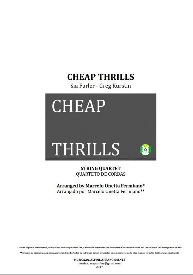 Cheap Thrills - Sia - String Quartet - Score and Parts