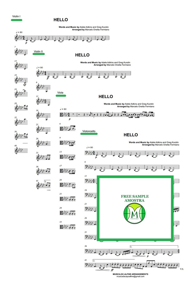Hello - Adele - String Quartet - Sheet Music - Score and parts / Sheet Music