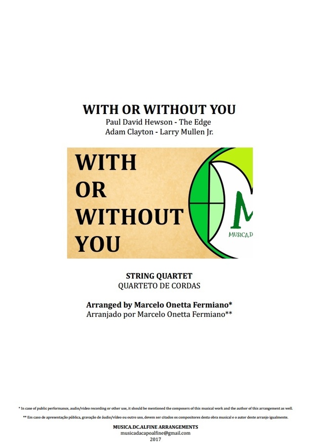 With or Withour You | U2 | Quarteto de Cordas | Partitura Completa Download