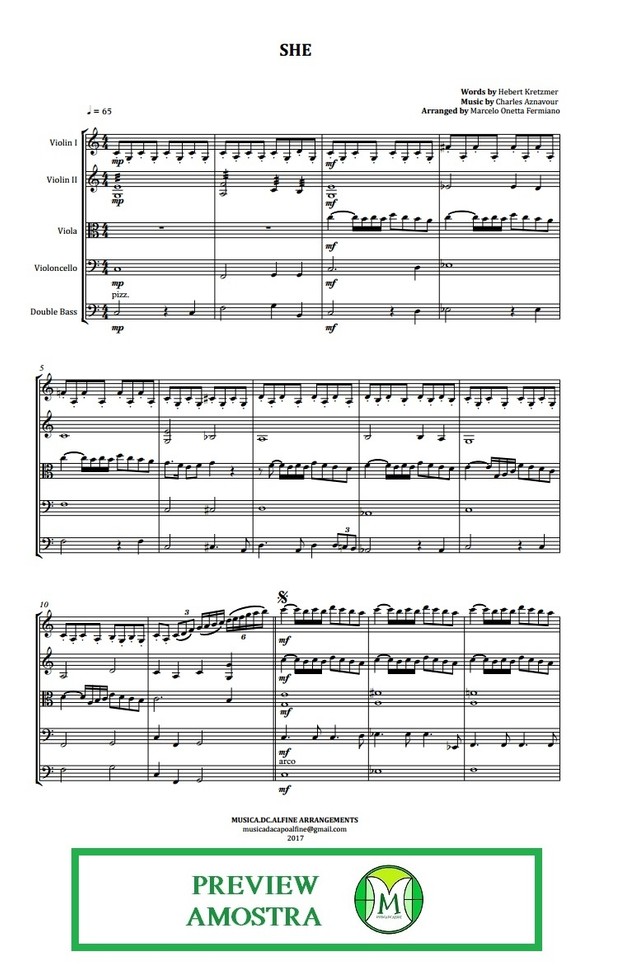 She - Charles Aznavour - String Orchestra or String Quartet - Score and parts