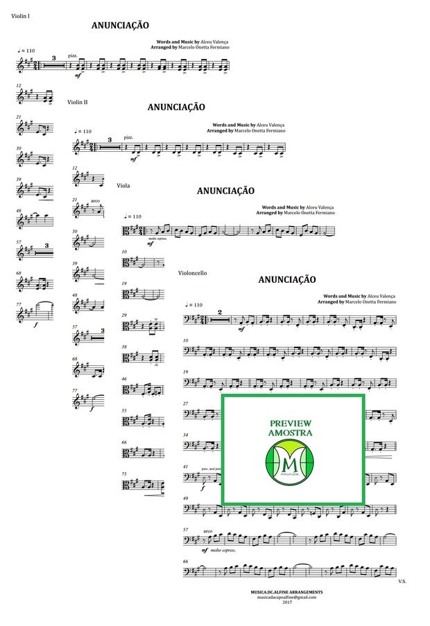 Anunciação - Alceu Valença - Quarteto de Cordas - Partitura Completa Grade e Partes