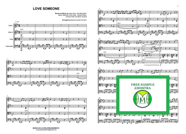 Love Someone - Jason Mraz - String Quartet - Score and parts