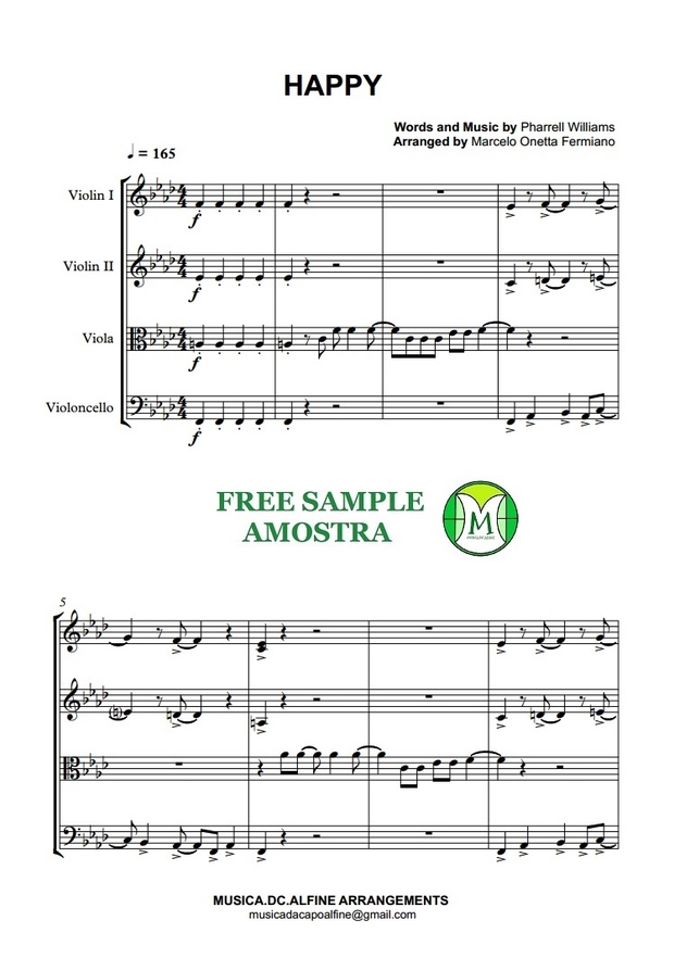 Happy - Pharrell Williams - String Quartet - Full Score and Parts