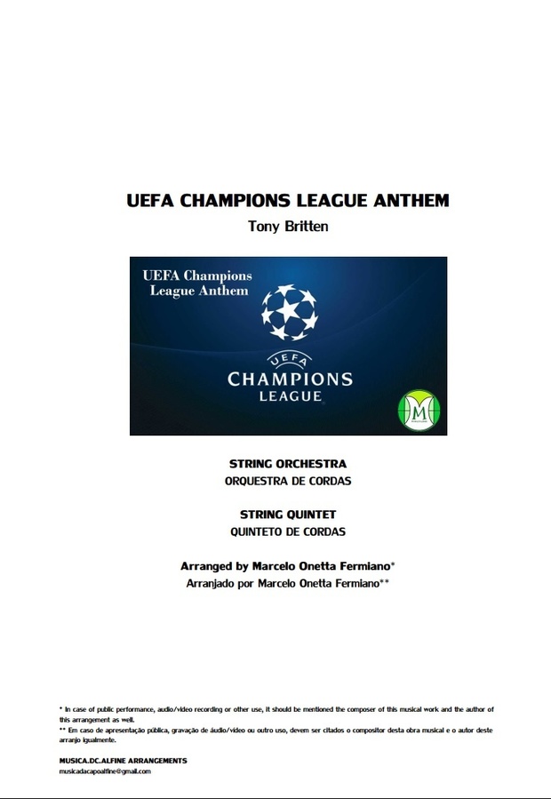 UEFA Champions League Anthem - String Orchestra/String Quintet - Score and parts