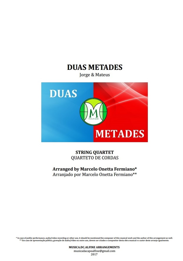 Duas Metades | Jorge e Mateus | Quarteto de Cordas | Partitura Completa | Grade e Partes