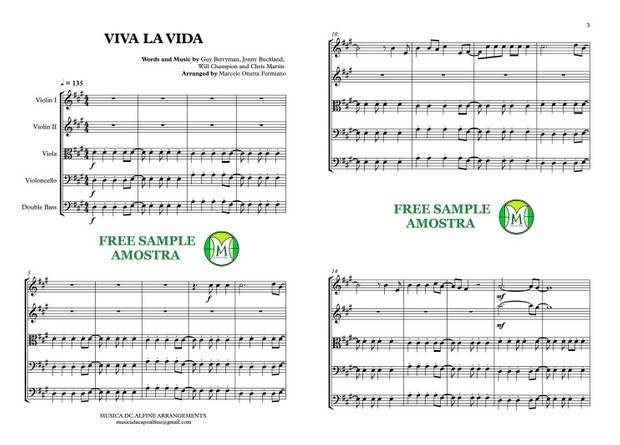 Viva La Vida - Coldplay - String Orchestra or String Quintet - Score and parts