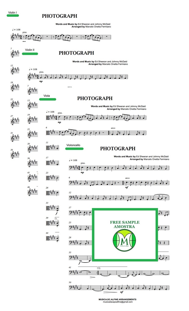 Photograph - Ed. Sheeran - String Quartet - Score and parts.