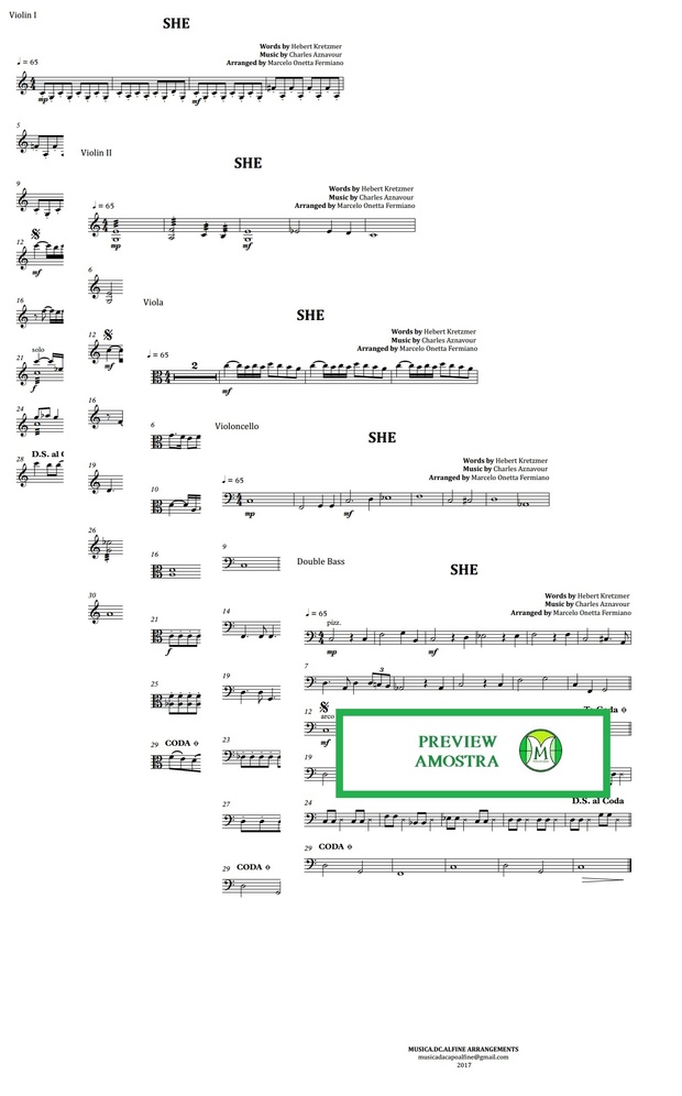 She - Charles Aznavour - Orquestra de Cordas ou Quarteto de Cordas - Partituras com Grade e Partes