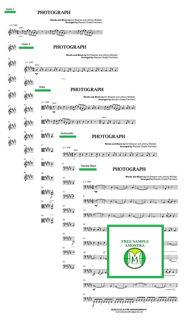 Photograph - Ed. Sheeran - String Orchestra or String Quintet - Score and parts