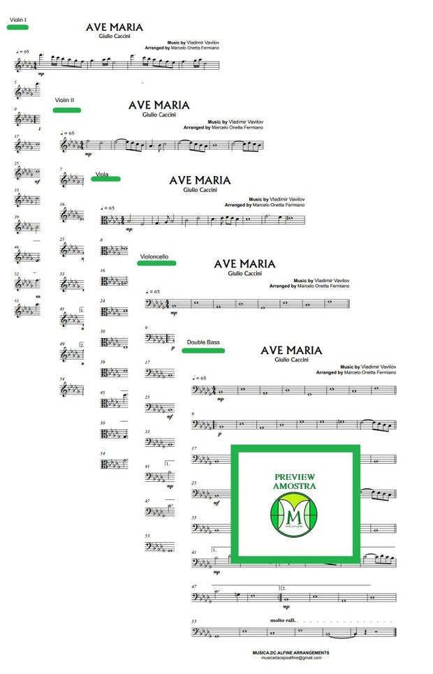 Ave Maria - Caccini - String Orchestra - String Quintet - Score and parts