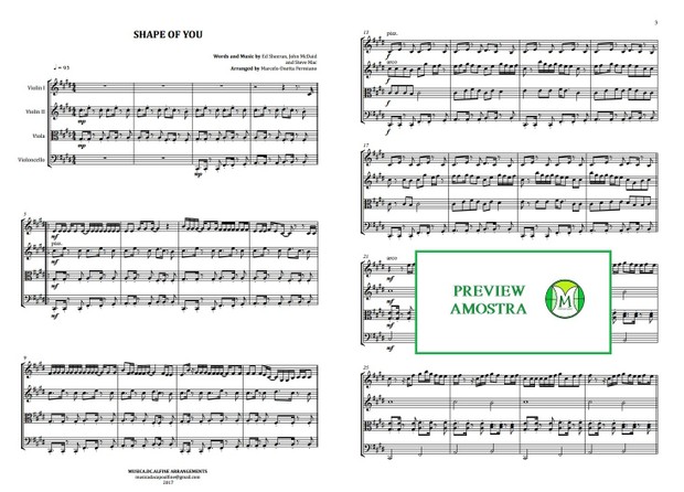 Shape Of You - Ed Sheeran - Quarteto de Cordas - Partitura Completa Grade e Partes