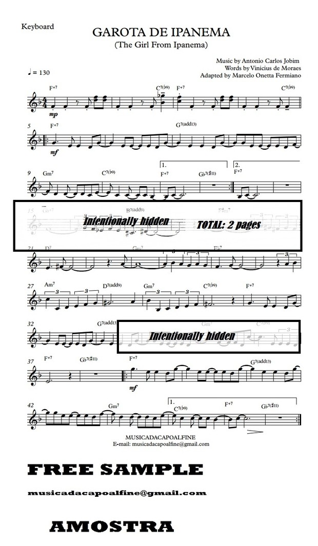 Garota de Ipanema - Tom Jobim - Keyboard with chords - Download Sheet Music - Part