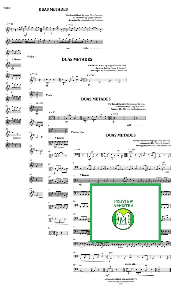 Duas Metades | Jorge e Mateus | Quarteto de Cordas | Partitura Completa | Grade e Partes