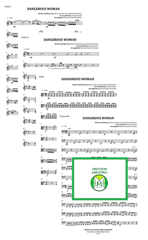 Dangerous Woman - Ariana Grande - Quarteto de Cordas - Grade e partes - Partitura