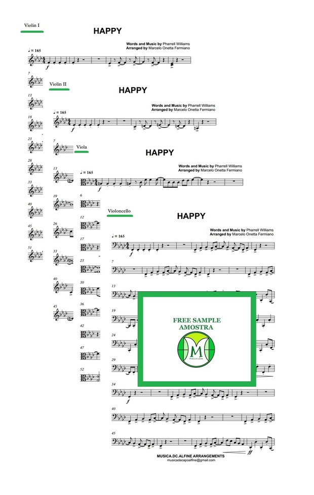 Happy - Pharrell Williams - String Quartet - Full Score and Parts