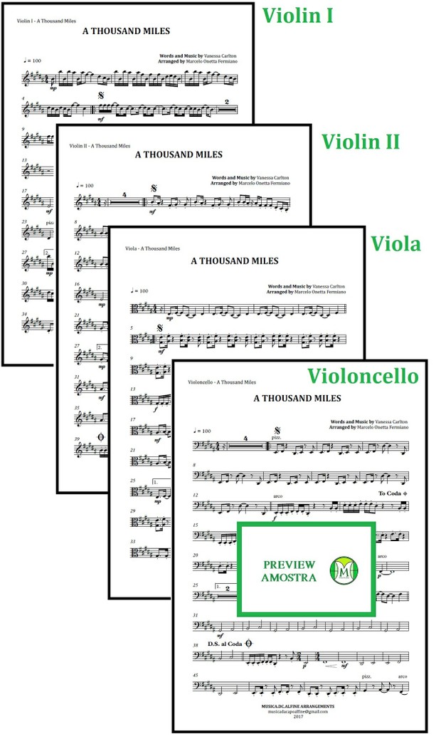 A Thousand Miles | Vanessa Carlton | Quarteto de Cordas | Partitura Completa Download