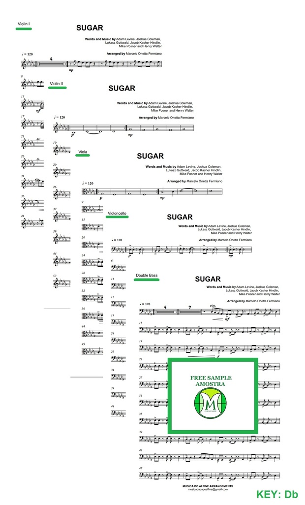 Db(key) Sugar - Maroon 5 - String Orchestra Sheet Music - Score and parts