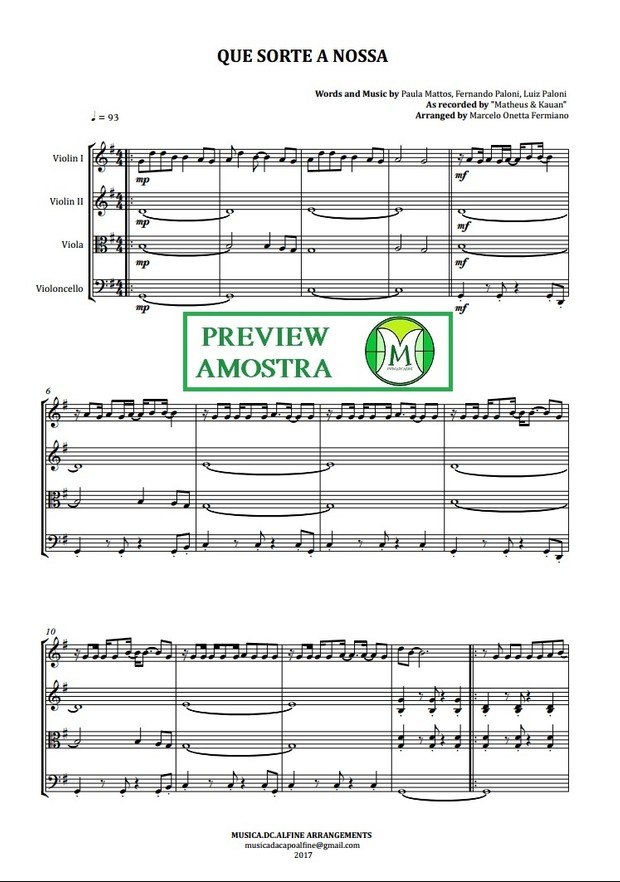 Que Sorte a Nossa | Matheus e Kauan | Quarteto de Cordas | Partitura Completa | Grade e Partes