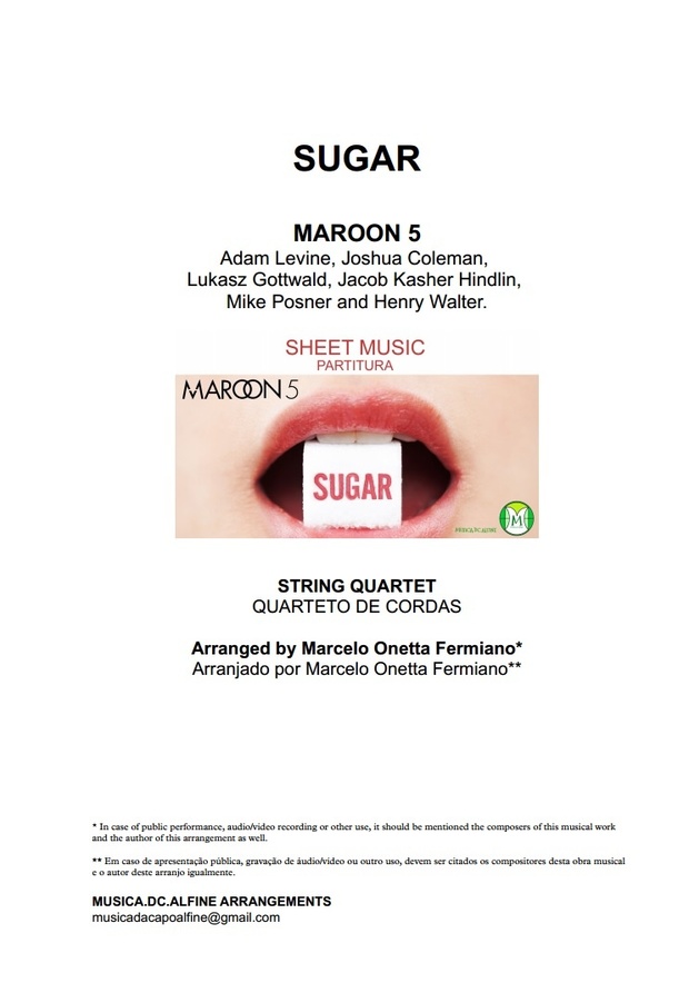 D (key) - Sugar - Maroon 5 - String Quartet Sheet Music - Score and parts
