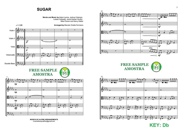 Db(key) Sugar - Maroon 5 - String Orchestra Sheet Music - Score and parts