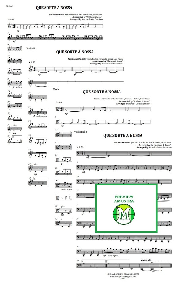 Que Sorte a Nossa | Matheus e Kauan | Quarteto de Cordas | Partitura Completa | Grade e Partes