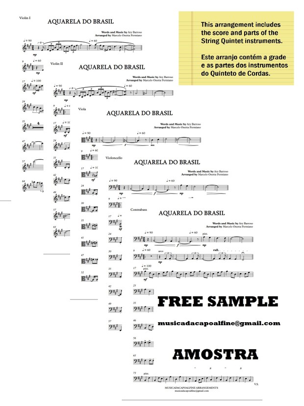 AQUARELA DO BRASIL - Ary Barroso - String Quintet or Chamber Orchestra Sheet Music