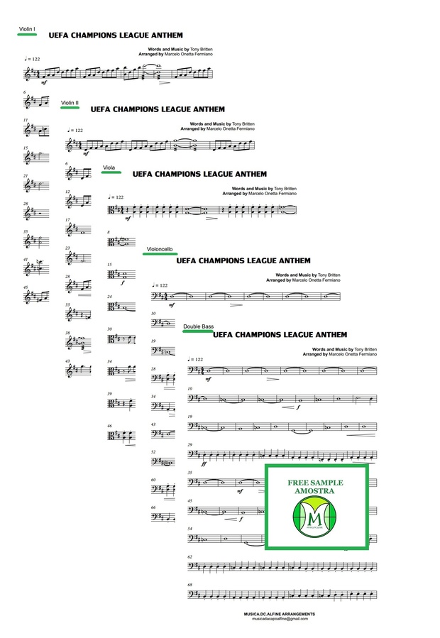 UEFA Champions League Anthem - String Orchestra/String Quintet - Score and parts