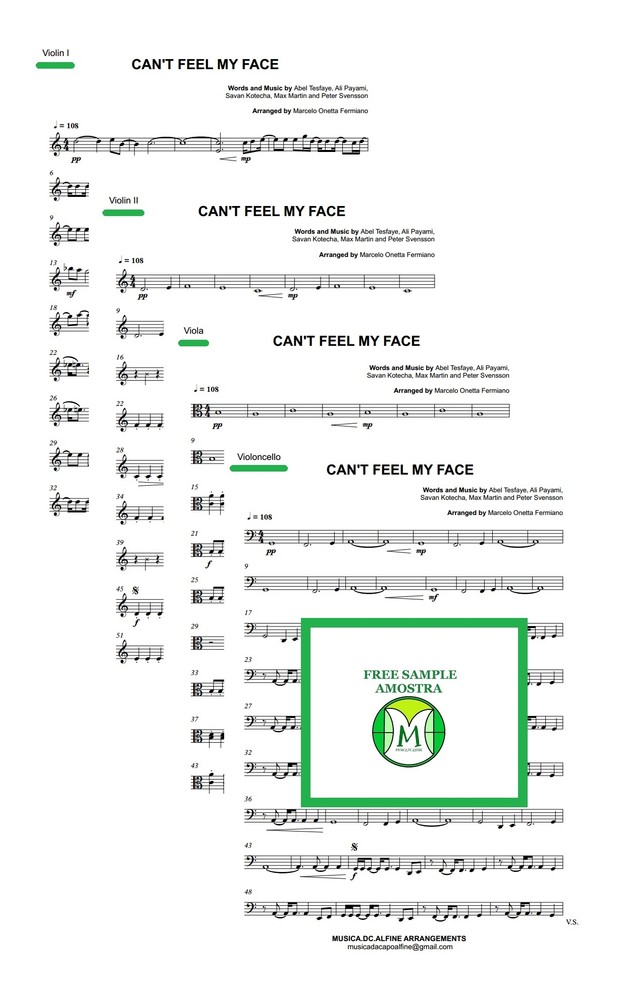 Can't Feel My Face - The Weeknd - String Quartet - Score and parts - Sheet Music