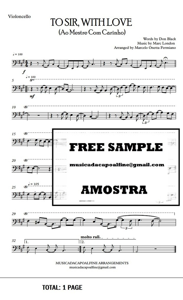 TO SIR, WITH LOVE - Ao Mestre com Carinho - Violoncello -Sheet Music Pdf Download