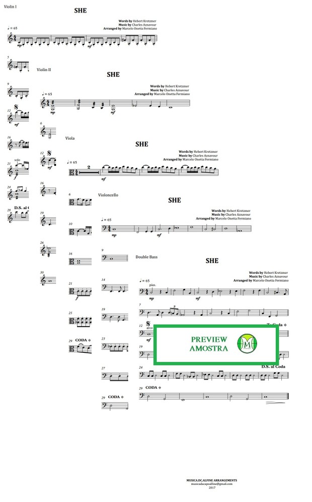 She - Charles Aznavour - String Orchestra or String Quartet - Score and parts